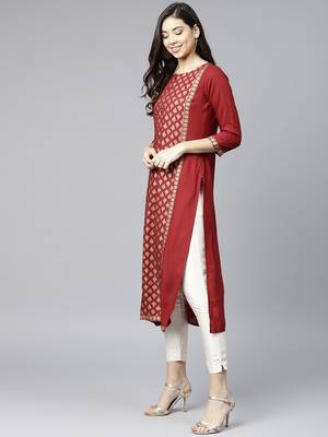 Maroon & Golden Printed Straight Kurta 4