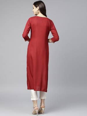 Maroon & Golden Printed Straight Kurta 5