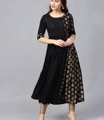 Black & Golden Ethnic Foil Print Sequinned Pleated A Line Kurta