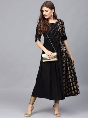 Black & Golden Ethnic Foil Print Sequinned Pleated A Line Kurta 2