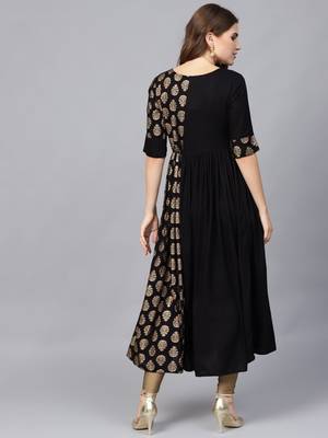 Black & Golden Ethnic Foil Print Sequinned Pleated A Line Kurta 3