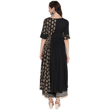 Black & Golden Ethnic Foil Print Sequinned Pleated A Line Kurta 4