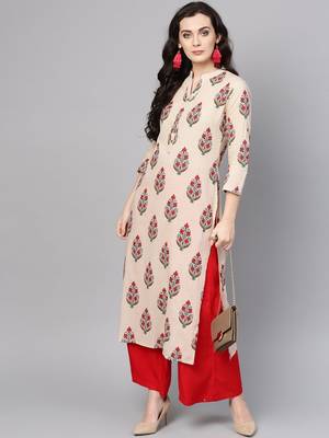 Beige & Red Printed Straight Kurta 1