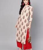 Beige & Red Printed Straight Kurta