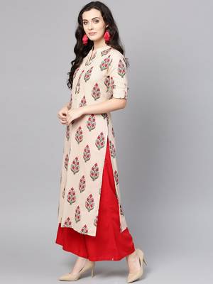 Beige & Red Printed Straight Kurta 2