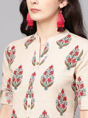 Beige & Red Printed Straight Kurta 3
