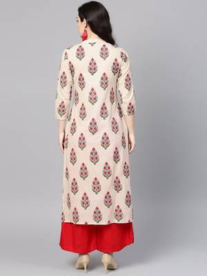 Beige & Red Printed Straight Kurta 4