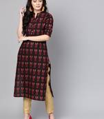 Black & Maroon Printed Straight Kurta