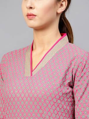 Women Grey & Pink Printed Straight Kurta 5