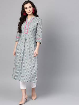 Women Sea Green & Off White Printed Straight Kurta 1
