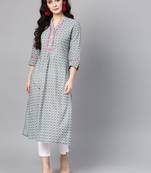 Women Sea Green & Off White Printed Straight Kurta