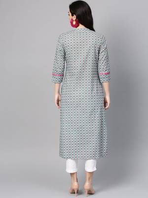 Women Sea Green & Off White Printed Straight Kurta 5