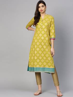 Women Mustard Green & Blue Printed Straight Kurta 1