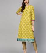 Women Mustard Green & Blue Printed Straight Kurta