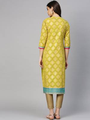 Women Mustard Green & Blue Printed Straight Kurta 2