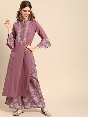Mauve Zari Embroidered Straight Kurta With Overall Elasticated Printed Straight Palazzo 1