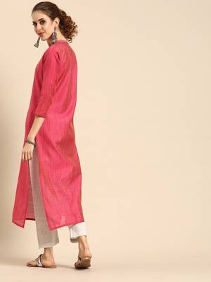 Pink Silk Kurtar With Grey Overall Elasticated Silk Pants. 3