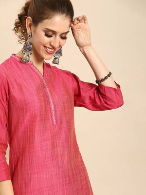 Pink Silk Kurtar With Grey Overall Elasticated Silk Pants. 4
