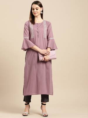 Mauve Straight Kurta With Zari Embroidery On Yoke And Bell Sleeves. 1
