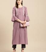 Mauve Straight Kurta With Zari Embroidery On Yoke And Bell Sleeves.