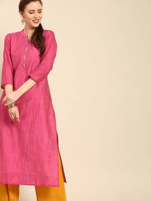 Fushcia Silk Kurta With Floral Embroidery On Placket and 3/4th Sleeves. 1