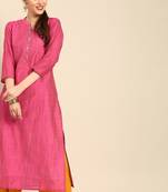 Fushcia Silk Kurta With Floral Embroidery On Placket and 3/4th Sleeves.