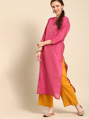 Fushcia Silk Kurta With Floral Embroidery On Placket and 3/4th Sleeves. 2