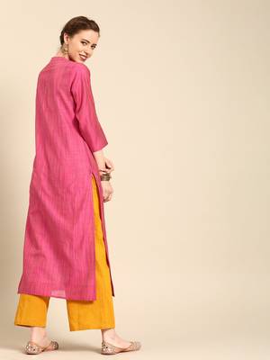 Fushcia Silk Kurta With Floral Embroidery On Placket and 3/4th Sleeves. 4