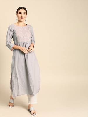 Grey Embroidered Straight Kurta 1