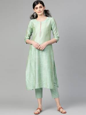 Neon Green Straight Kurta With Thread Embroidery On Neckline And Sleeves. 1