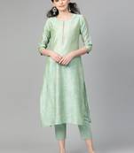Neon Green Straight Kurta With Thread Embroidery On Neckline And Sleeves.