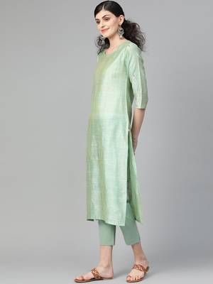 Neon Green Straight Kurta With Thread Embroidery On Neckline And Sleeves. 2