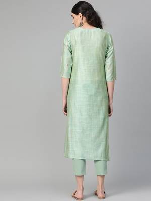 Neon Green Straight Kurta With Thread Embroidery On Neckline And Sleeves. 3