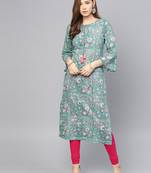 Green & White Printed Straight Kurta