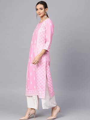 Women Pink & White Printed Straight Kurta 2