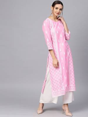 Women Pink & White Printed Straight Kurta 3