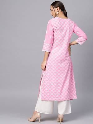 Women Pink & White Printed Straight Kurta 4