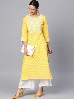 Yellow & White Printed Straight Kurta 1