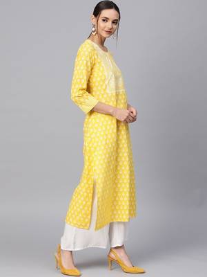 Yellow & White Printed Straight Kurta 2