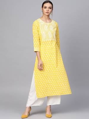 Yellow & White Printed Straight Kurta 3