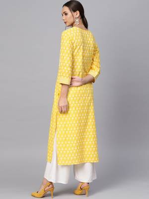 Yellow & White Printed Straight Kurta 4