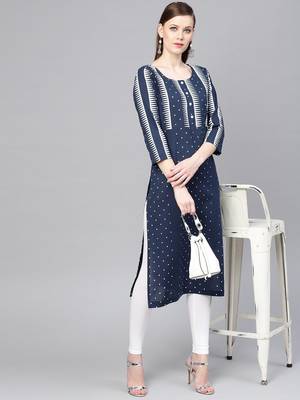 Navy Blue & White Printed Straight Kurta 1