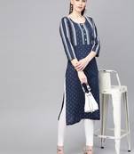 Navy Blue & White Printed Straight Kurta
