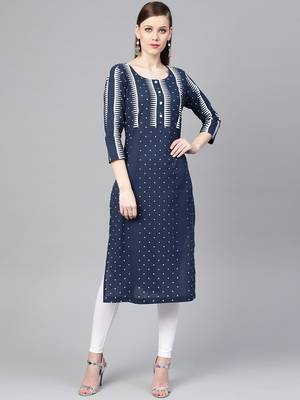 Navy Blue & White Printed Straight Kurta 3