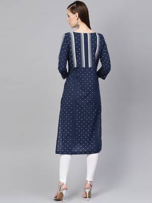 Navy Blue & White Printed Straight Kurta 4
