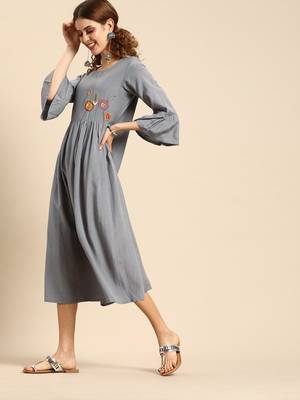 Grey With Multi Color Floral Embroidered Dress 2