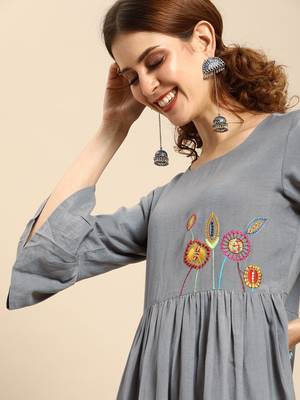 Grey With Multi Color Floral Embroidered Dress 3