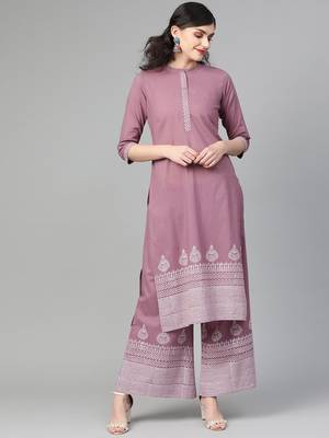Mauve And Off White Block Printed Straight Kurta With Block Printed Straight Palazzo 1