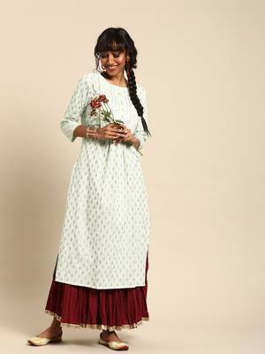 Mint White Khari Print Gathered Kurta 1