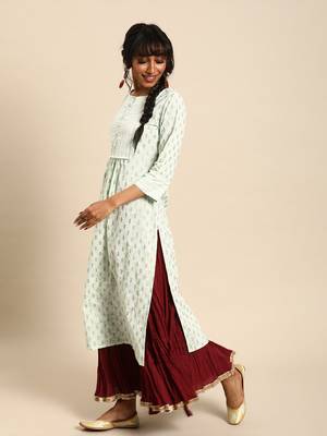 Mint White Khari Print Gathered Kurta 2